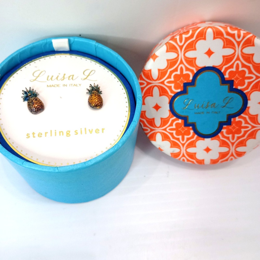 Luisa L Sterling Silver Pineapple Stud Earrings .925 Italy Enamel 13mm Boxed‎ - Picture 3 of 13